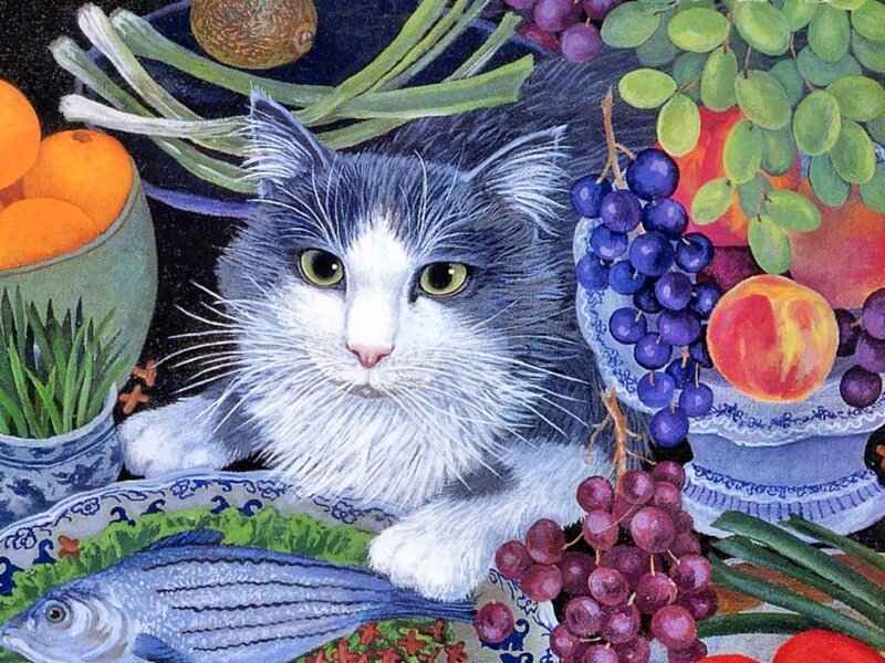 Cat Among Fruit and Fish