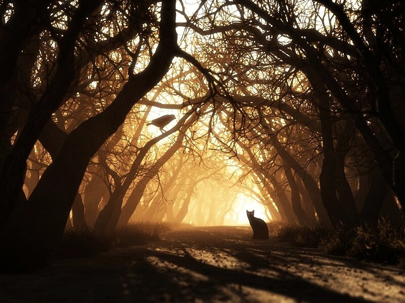 Cat and Bird in Forest — Brown