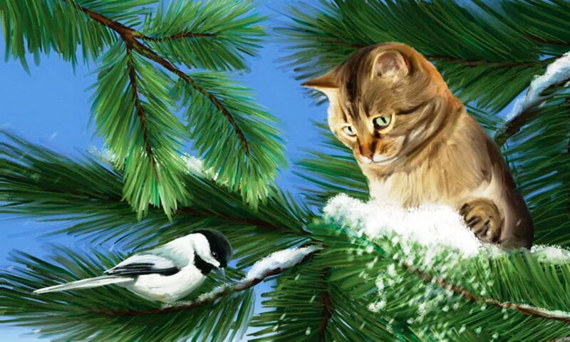 Cat and Bird in Tree