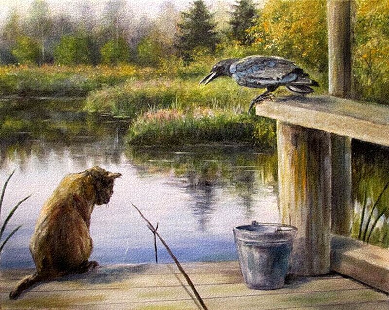 Cat and Crow by Pond