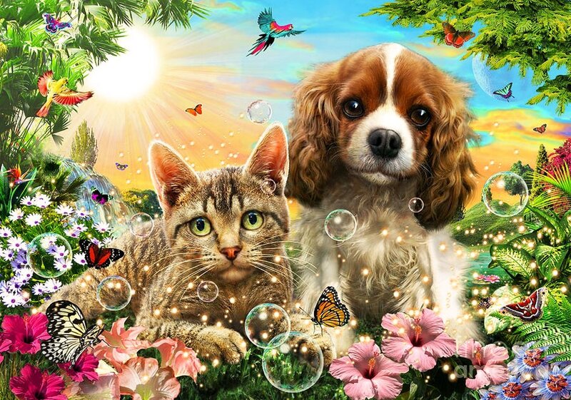 Cat and Dog in Garden — Green, Serene