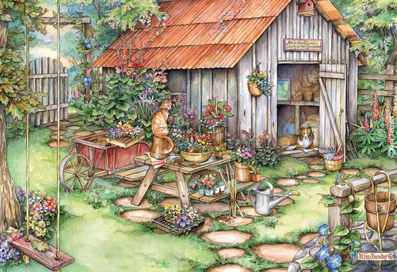 Cat and Dog in Garden — Green