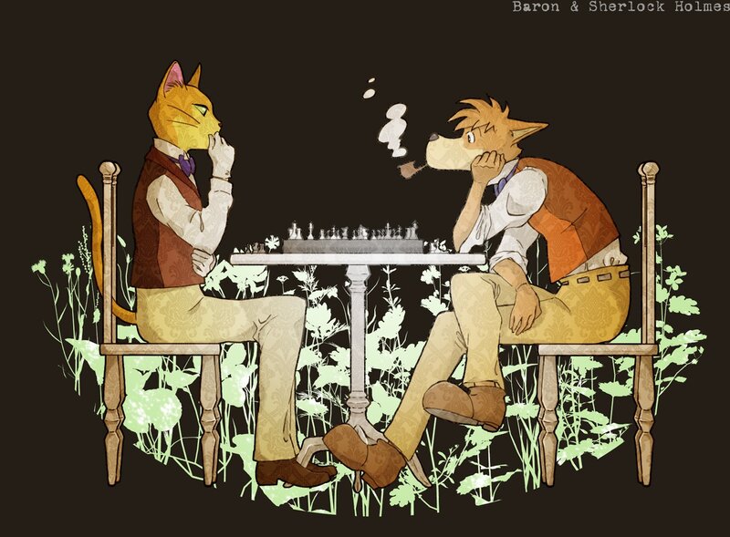 Cat and dog playing chess