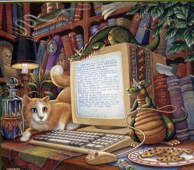 Cat and Dragon at Desk