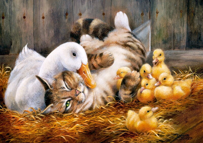Cat and Duck with Ducklings