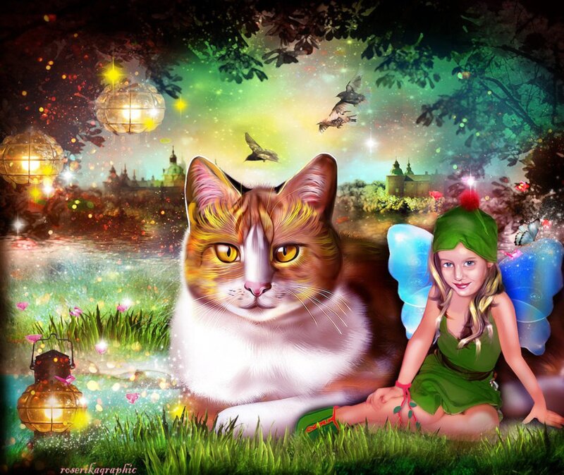 Cat and Fairy in Garden