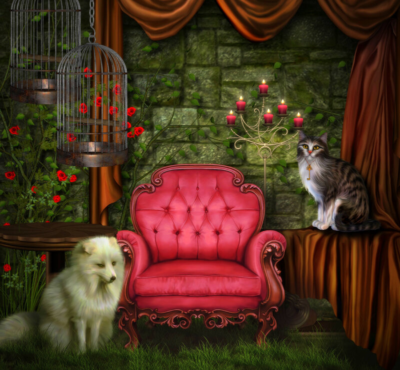 Cat and Fox in Garden