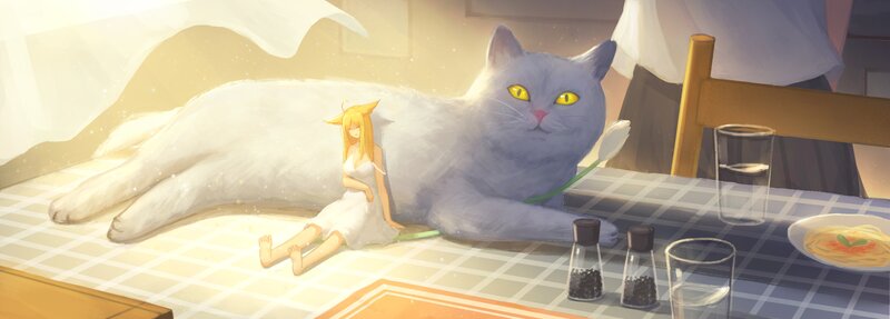 Cat and Girl on Table