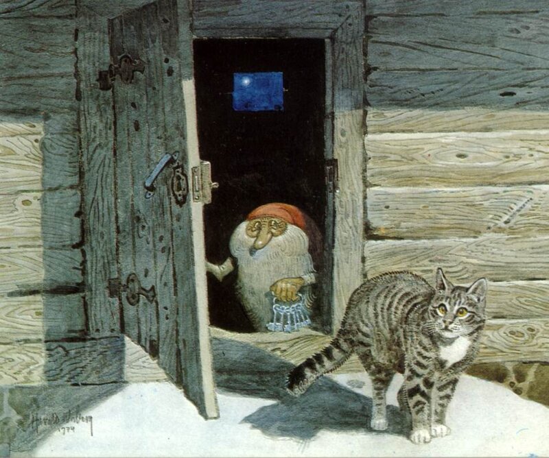 Cat and Gnome in Doorway