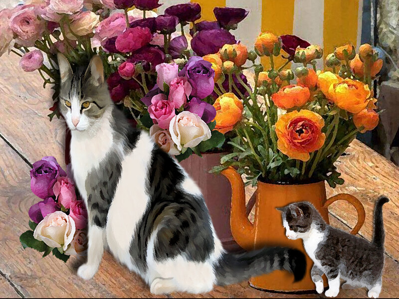 Cat and Kitten with Flowers