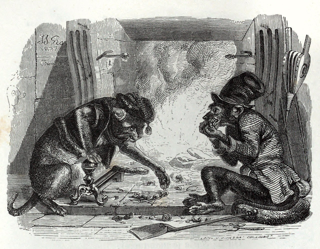 Cat and monkey by fireplace