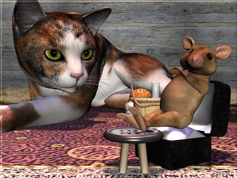 Cat and mouse at a table