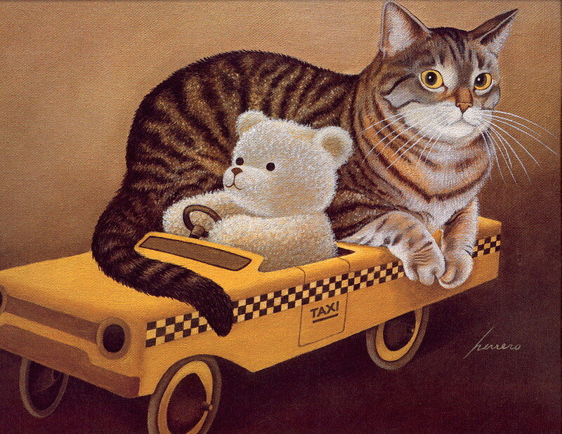 Cat and Teddy Bear in Taxi