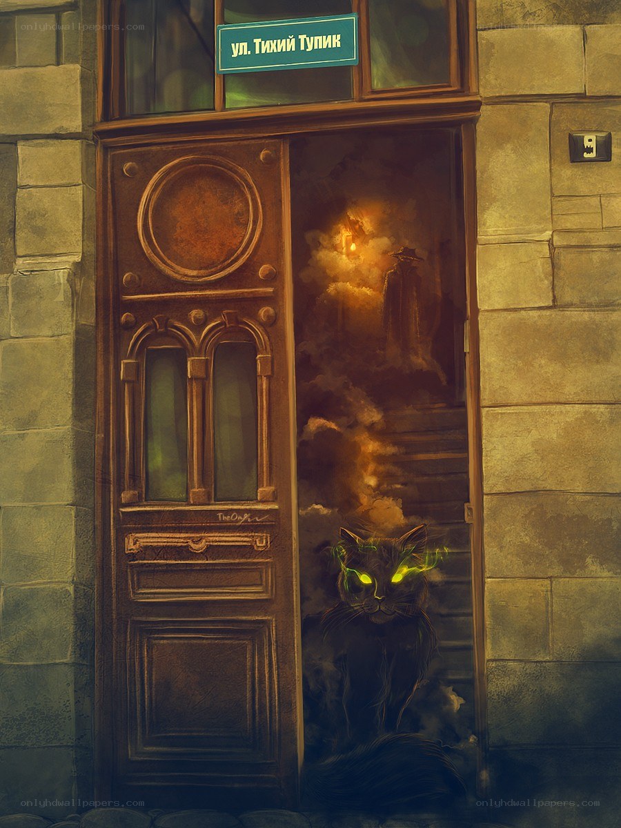 Cat at a mysterious doorway