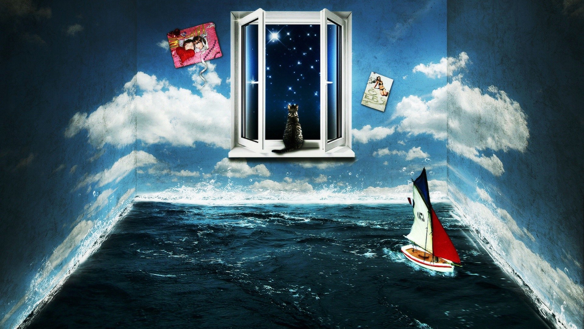 cat at window with sailboat