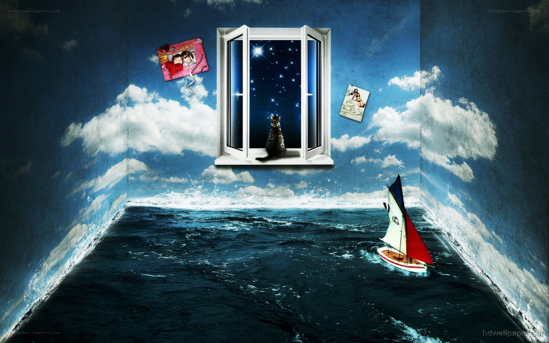 cat at window with sailboat