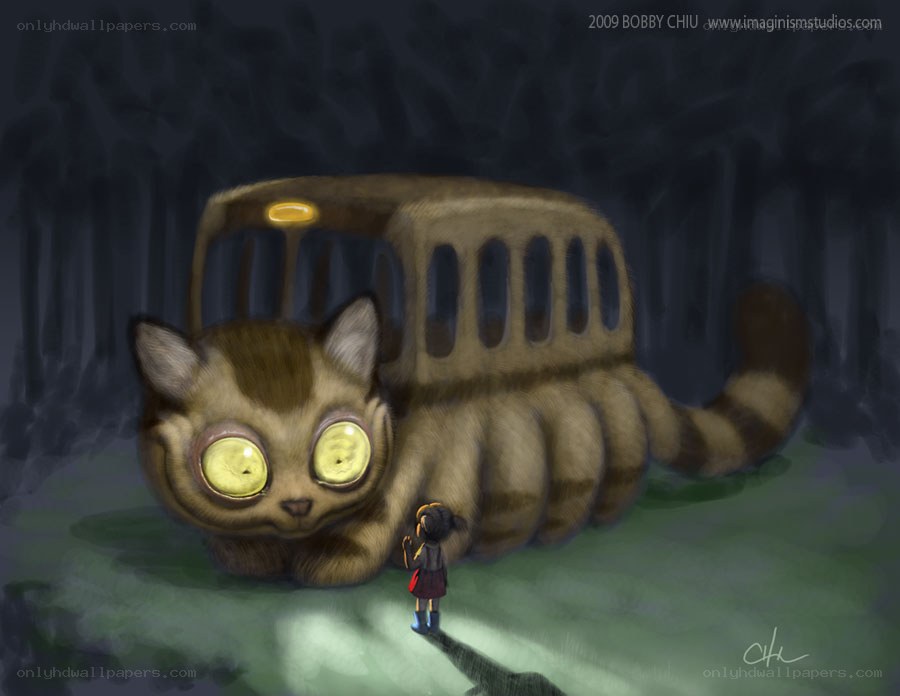 Cat bus in dark forest