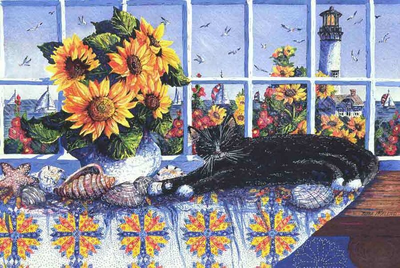Cat by the window with sunflowers