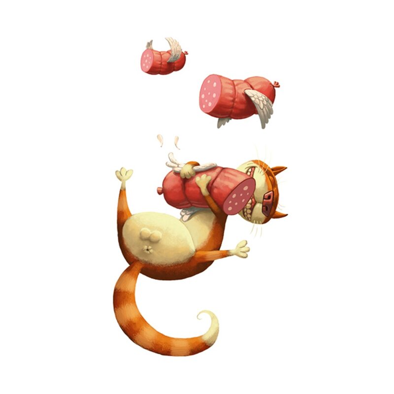 cat chasing flying sausages