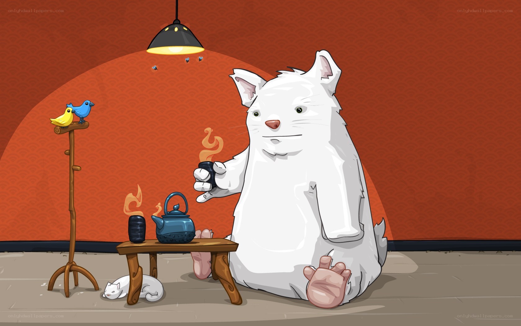 cat drinking tea with birds
