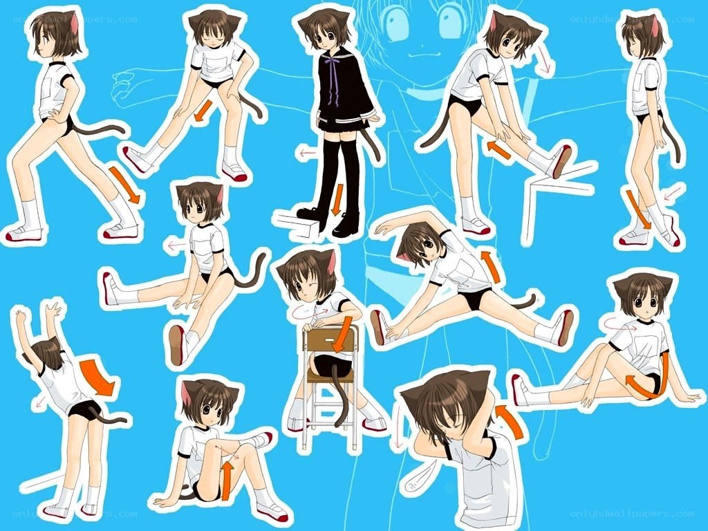 cat-eared anime character stretching