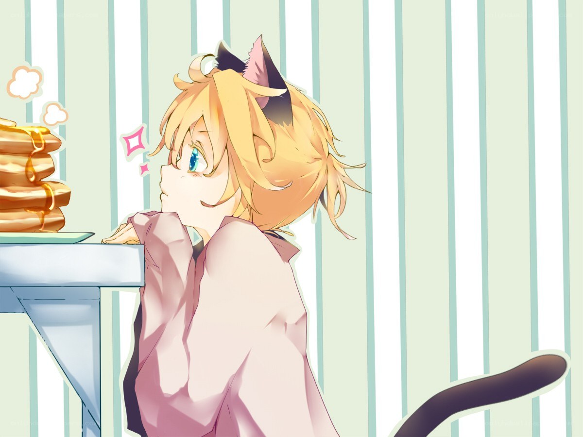 cat-eared anime character with pancakes