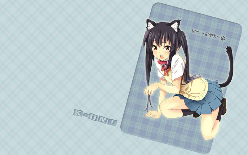 cat-eared anime girl on plaid