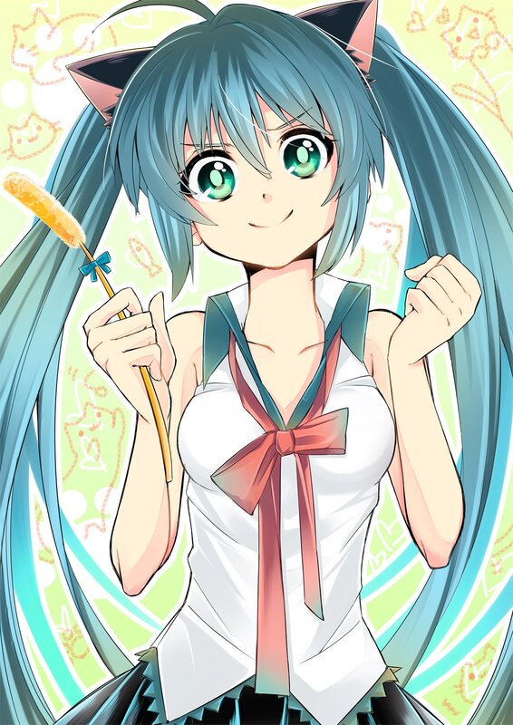 cat-eared anime girl with corn dog