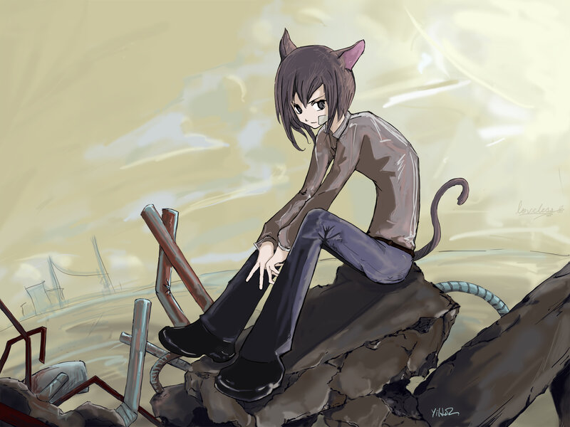 cat-eared character on rubble