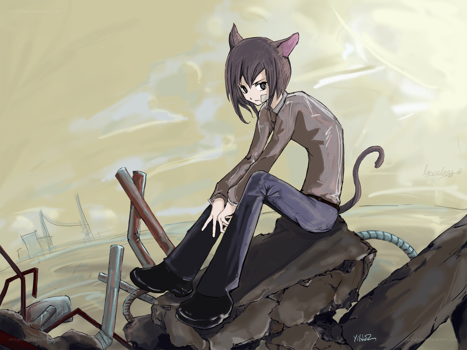 cat-eared character on rubble
