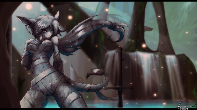 Cat-eared Character with Sword — Blue