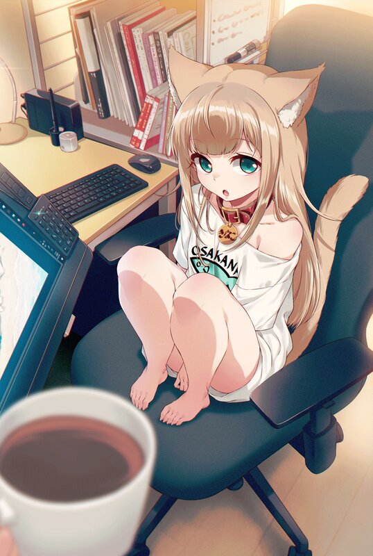 Cat-eared Girl at Desk — White