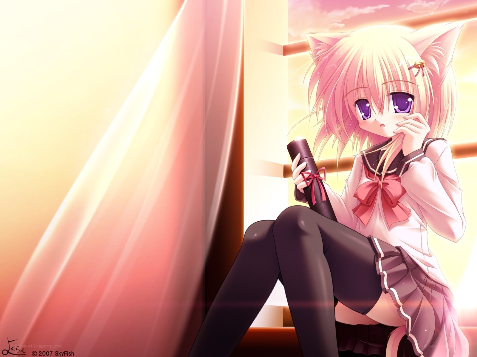 cat-eared girl by window