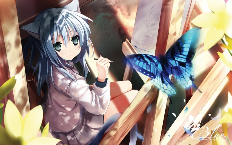 cat-eared girl drawing with butterfly