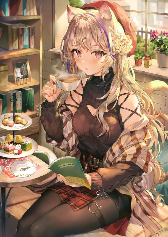 Cat-eared Girl Drinking Tea — Brown
