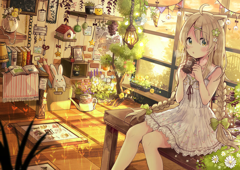 Cat-eared Girl Drinking Tea — Yellow