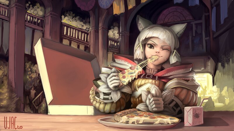 Cat-eared Girl Eating Pizza