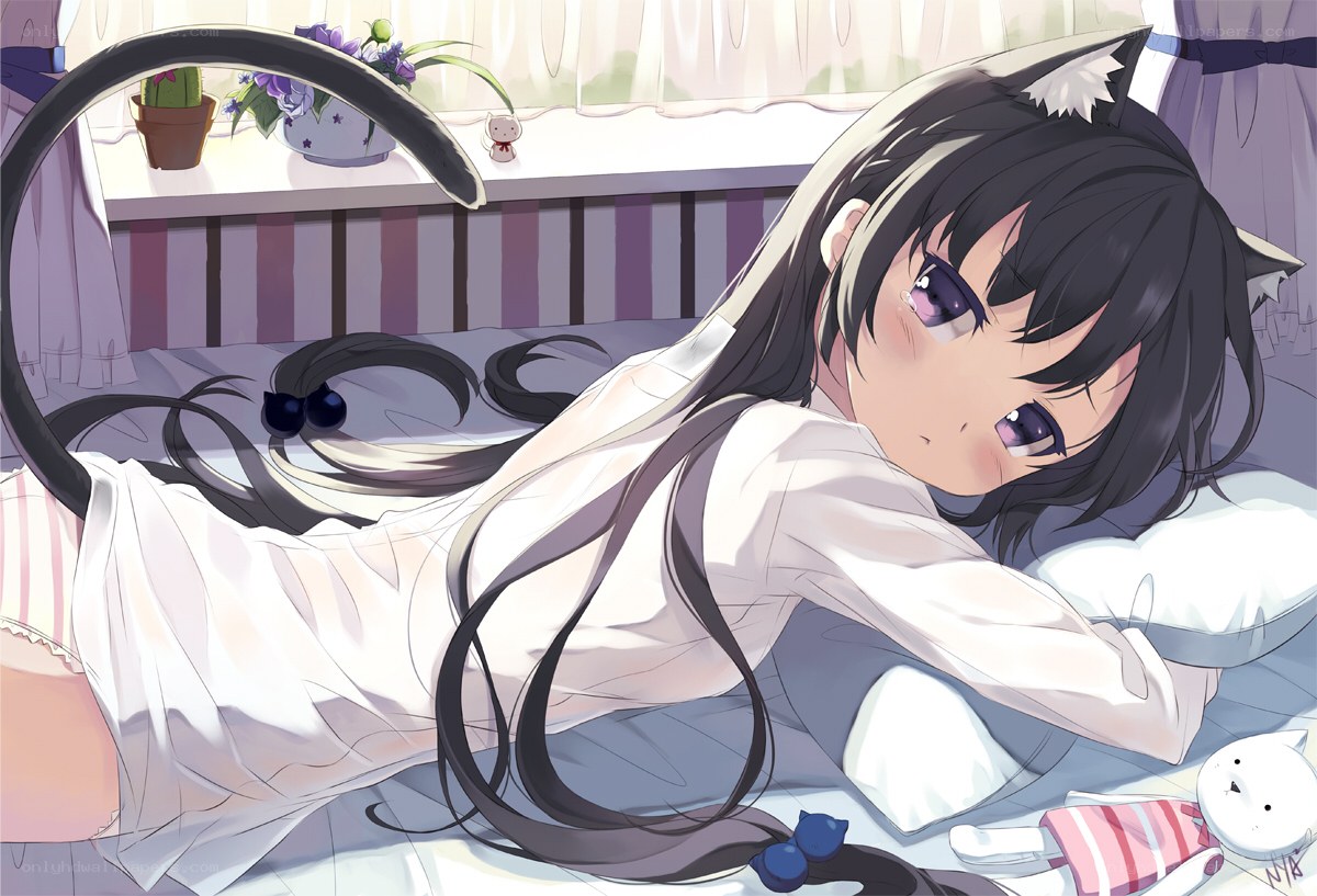cat-eared girl in bed