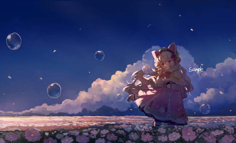 Cat-eared Girl in Field — Blue