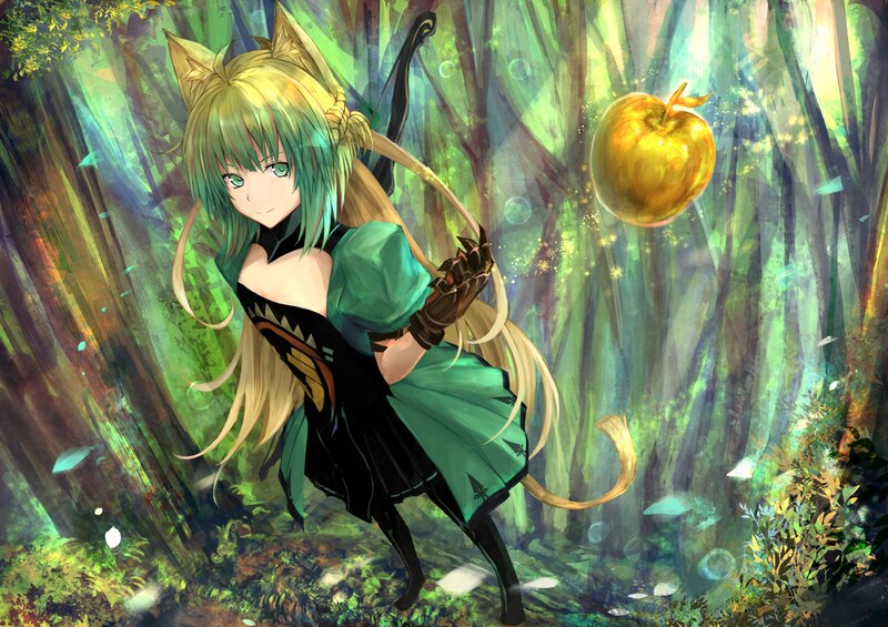 Cat-eared Girl in Forest — Green, Serene, Afternoon, Digital Art