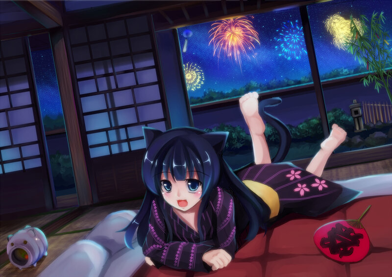 Cat-eared Girl in Kimono — Blue