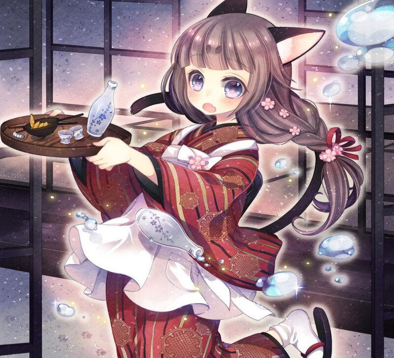 Cat-eared Girl in Kimono — Red