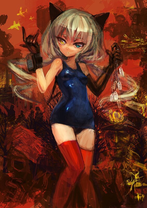 cat-eared girl in red and blue