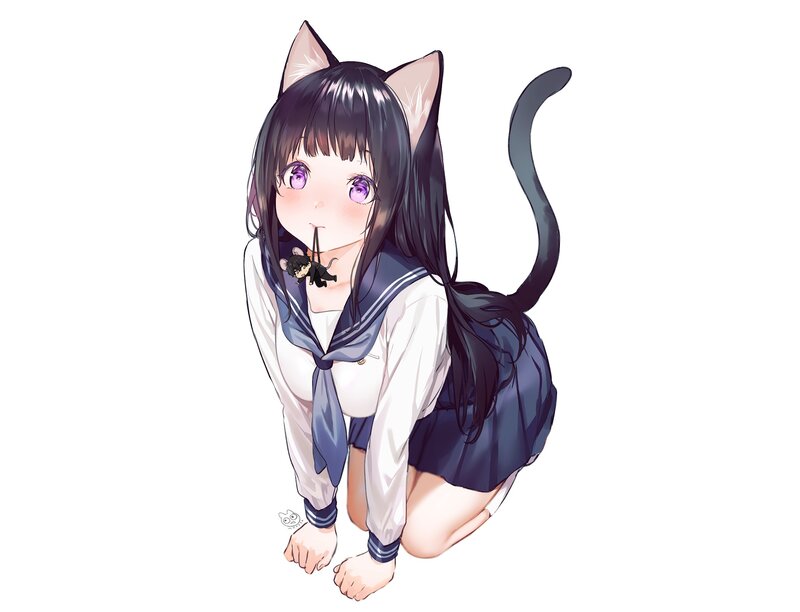 Cat-eared Girl in School Uniform — White, Playful, Anime, School Uniform