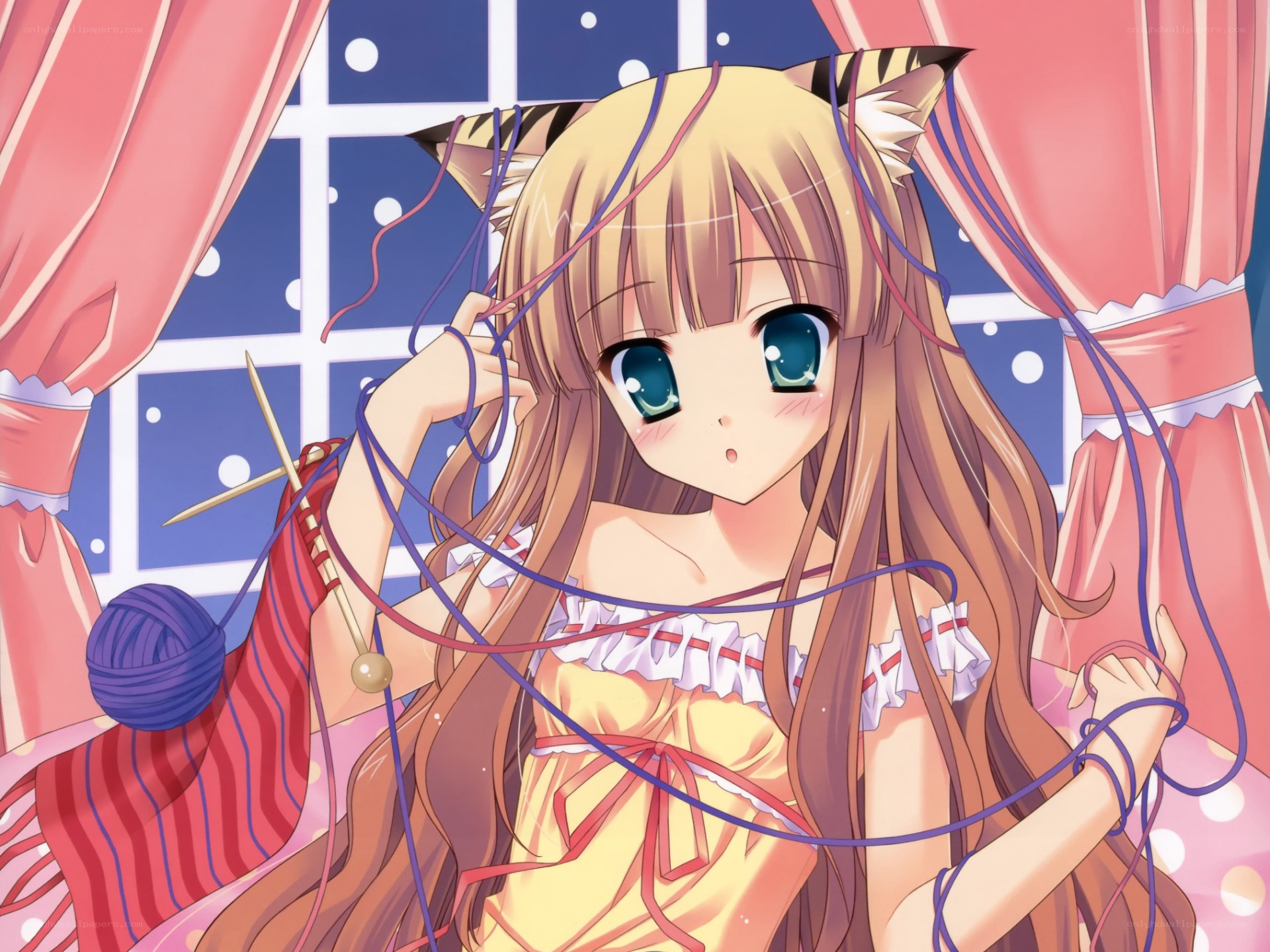 cat-eared girl knitting