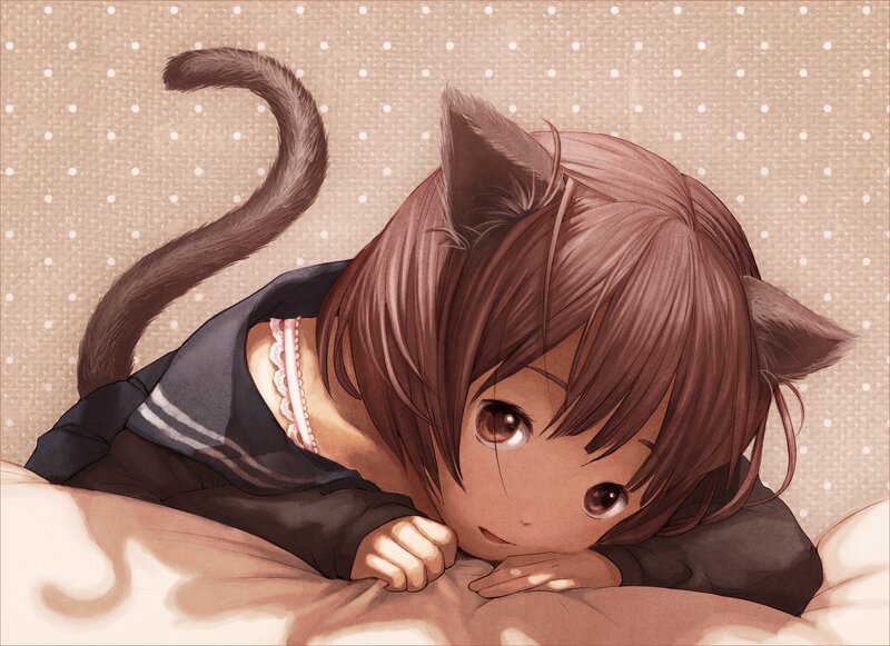 Cat-eared Girl Lying Down — Brown, Calm, Anime, Tail