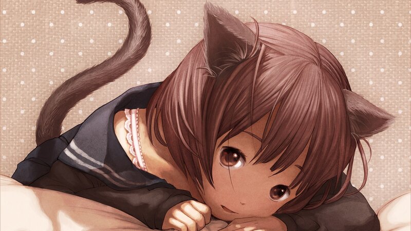 Cat-eared Girl Lying Down — Brown, Calm, Anime