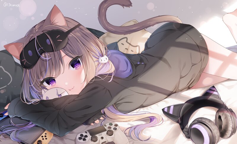 Cat-eared Girl Lying Down — Purple, Calm