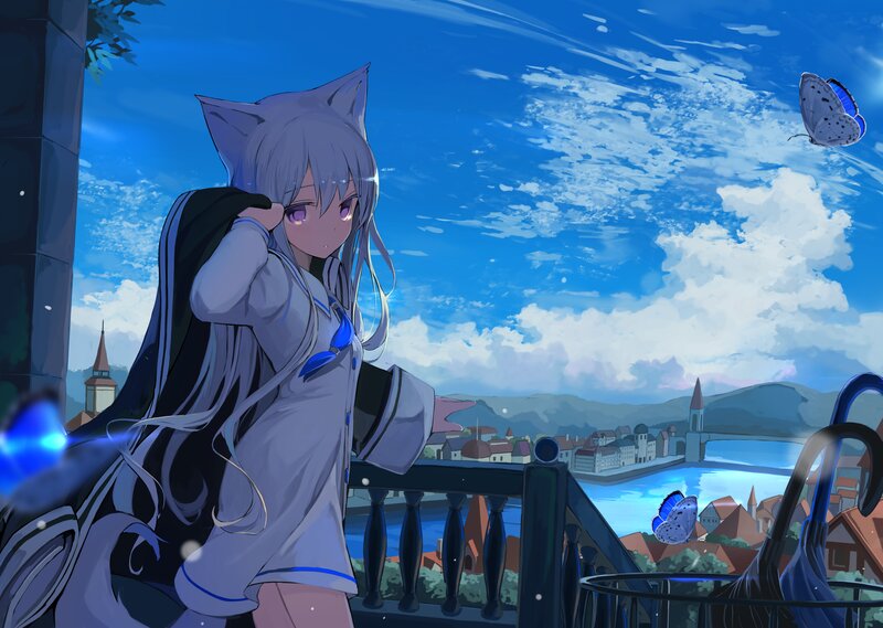 Cat-eared Girl on Balcony — Blue