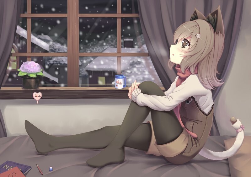 Cat-eared Girl on Bed — Gray, Calm